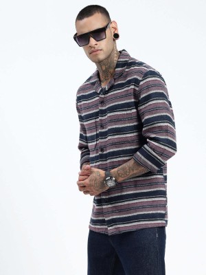 Showoff Men Striped Casual Dark Blue Shirt