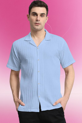 A DEEMOON TREND Men Striped Casual Light Blue Shirt