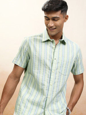 LOCOMOTIVE Men Striped Casual Light Green Shirt