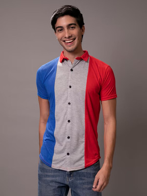 BEYOU FASHION Men Color Block Casual Blue, Silver, Red Shirt