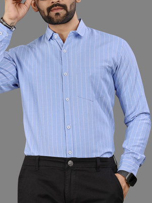 MILDIN Men Striped Formal Light Blue Shirt