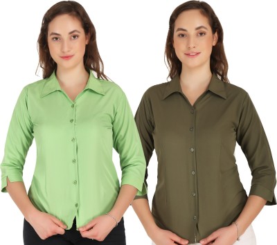 Giggles Women Solid Formal Green, Grey Shirt(Pack of 2)