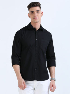 LAST STITCH Men Solid Casual Black Shirt