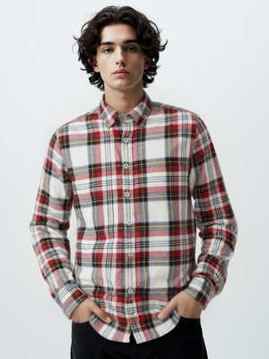 Glitchez Men Checkered Casual White Shirt