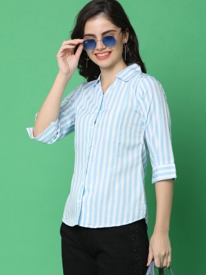 V-MART Women Striped Casual White, Blue Shirt