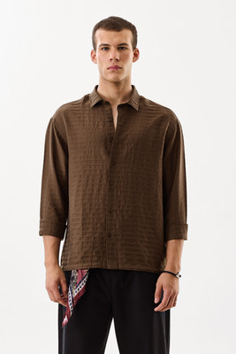 Snitch Men Self Design Casual Brown Shirt