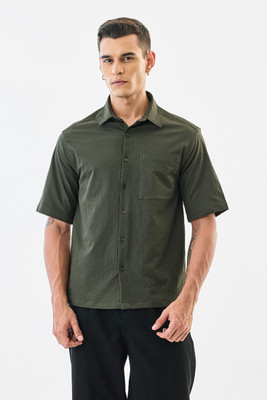 Snitch Men Self Design Casual Dark Green Shirt