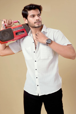 Marmic Fab Men Self Design Casual White Shirt