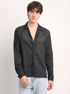 Voroxy Men Self Design Casual Black Shirt