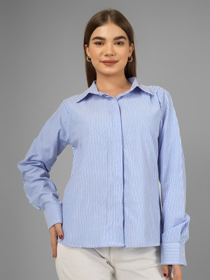 Yunic29 Women Striped Casual Blue Shirt