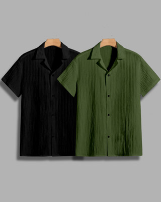 House of Vinay Men Self Design Casual Black, Green Shirt(Pack of 2)