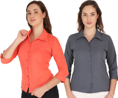 HEAVENS CREATIONS Women Solid Casual Light Blue, Grey Shirt(Pack of 2)