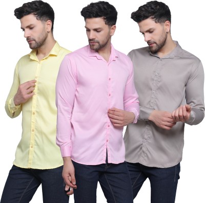 FILNECH Men Solid Casual Beige, Pink, Grey Shirt(Pack of 3)