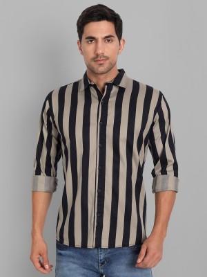 Foomer Men Striped Casual Beige Shirt