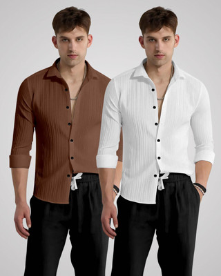 kruze Men Self Design Casual Brown, White Shirt(Pack of 2)