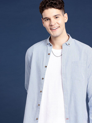 Mast & Harbour Men Striped Casual Blue Shirt
