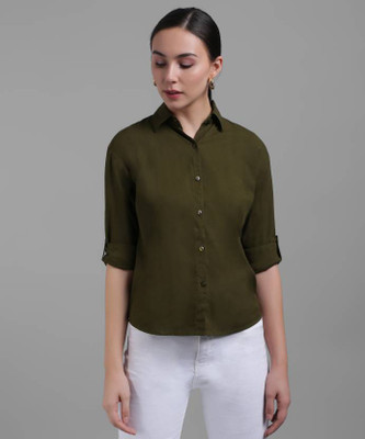 Fab Star Women Self Design Casual Dark Green Shirt