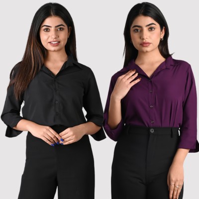 GM SARA Women Solid Formal Purple, Black Shirt(Pack of 2)