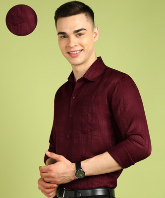 FUBAR Men Striped Formal Maroon Shirt