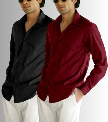 OXXOM Men Solid Casual Black, Maroon Shirt(Pack of 2)