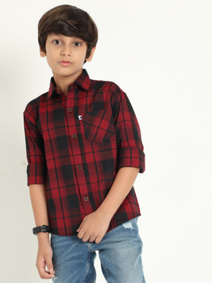 ALLWIN PAUL Boys Checkered Casual Maroon, Black Shirt