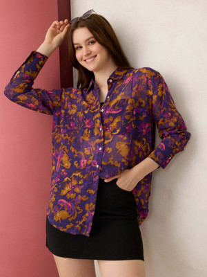 OUTZIDR Women Floral Print Casual Purple Shirt