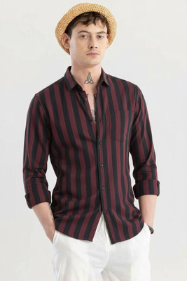 RODEIZ Men Striped Casual Maroon Shirt