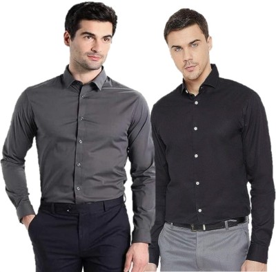 Zomaan Men Solid Formal Black, Grey Shirt(Pack of 2)