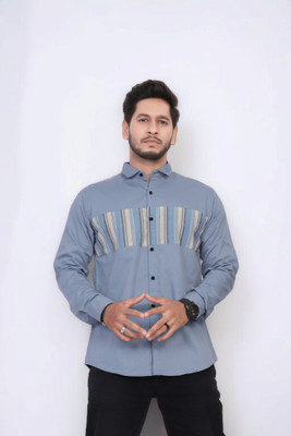 U and J Men Self Design Casual Blue Shirt