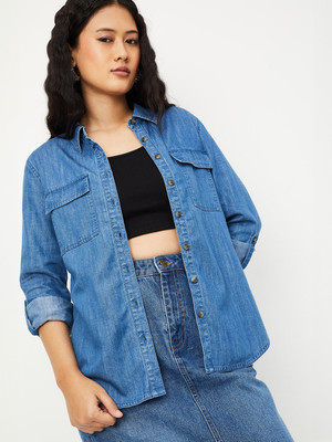 MAX Women Solid Casual Blue Shirt