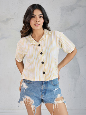 Dressberry Women Striped Casual Yellow, White Shirt