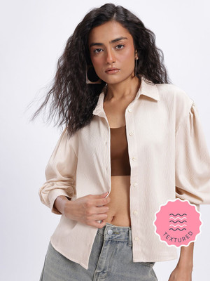 Glitchez Women Solid Casual Beige Shirt