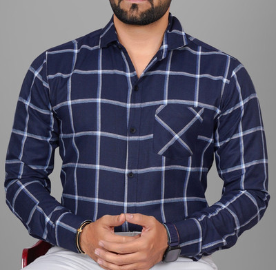Voroxy Men Checkered Formal Dark Blue Shirt
