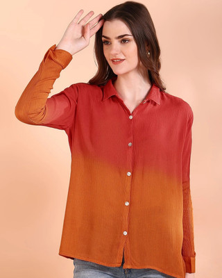 maaesa Women Color Block Casual Red, Orange Shirt
