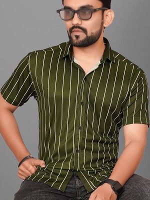 Voroxy Men Striped Casual Dark Green Shirt