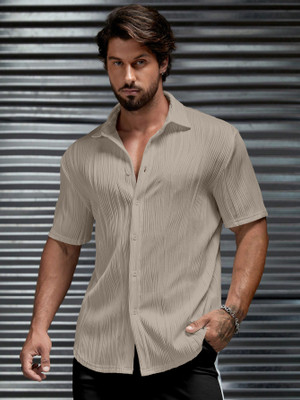 Leriya Fashion Men Self Design Casual Beige Shirt
