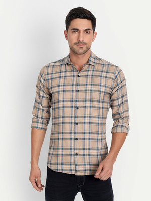 Tanip Men Checkered Casual Beige Shirt