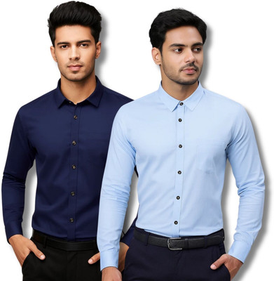 CROWNTAIL Men Solid Casual Dark Blue, Light Blue Shirt(Pack of 2)