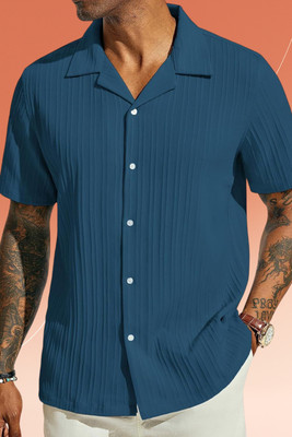 A DEEMOON TREND Men Striped, Self Design, Solid Casual Blue Shirt