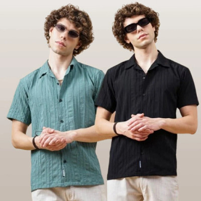 METRONAUT Men Self Design Casual Black, Light Green Shirt(Pack of 2)