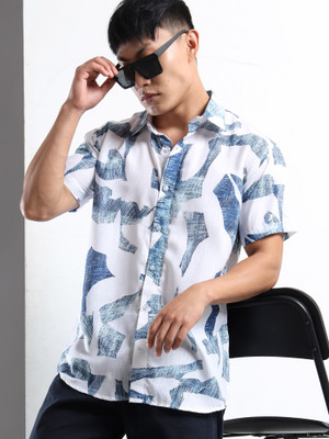 WHISQ Men Printed Casual White, Blue Shirt