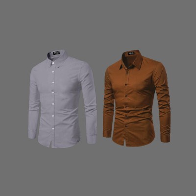 EVIQE Men Solid Casual Brown, Grey Shirt(Pack of 2)