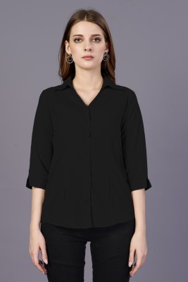 GLEAMRUSH Women Solid Casual Black Shirt