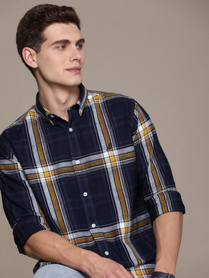 NAUTICA Men Checkered Casual Dark Blue, Yellow, Grey Shirt
