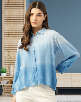 maaesa Women Dyed/Ombre Casual Blue Shirt