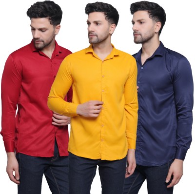 FILNECH Men Solid Casual Dark Blue, Red, Yellow Shirt(Pack of 3)