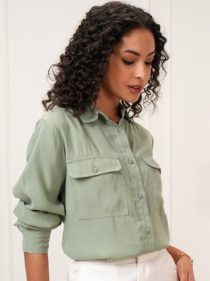 Tokyo Talkies Women Solid Casual Green Shirt