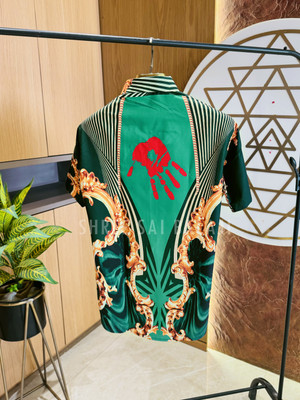Shree Sai Balaji Men Printed, Self Design Casual Green, Gold Shirt