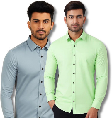ClothTheory Men Solid Casual Grey, Light Green Shirt(Pack of 2)