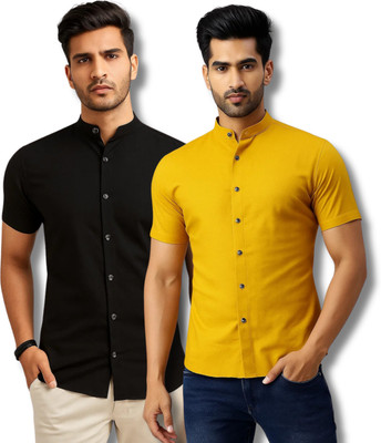 RANGFIT Men Solid Casual Black, Yellow Shirt(Pack of 2)